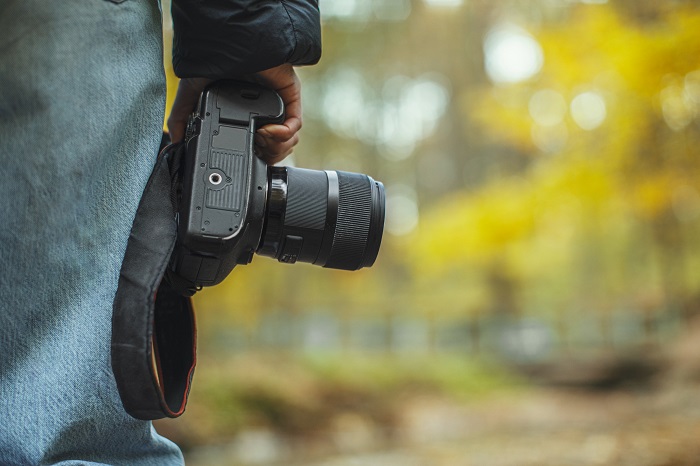 photo camera in hand over blurred forest background