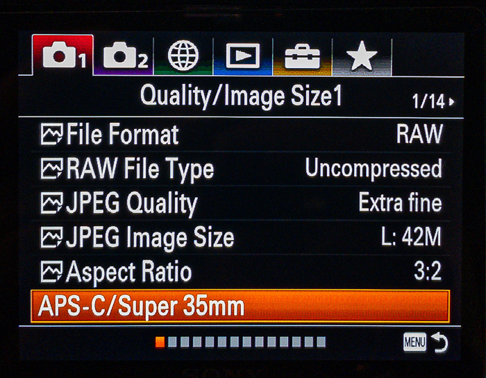 Screenshot of APS-C Super 35mm mode on Sony A7RIII
