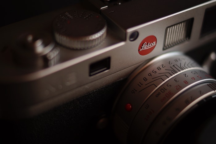 Close-up detail of Leica brand camera