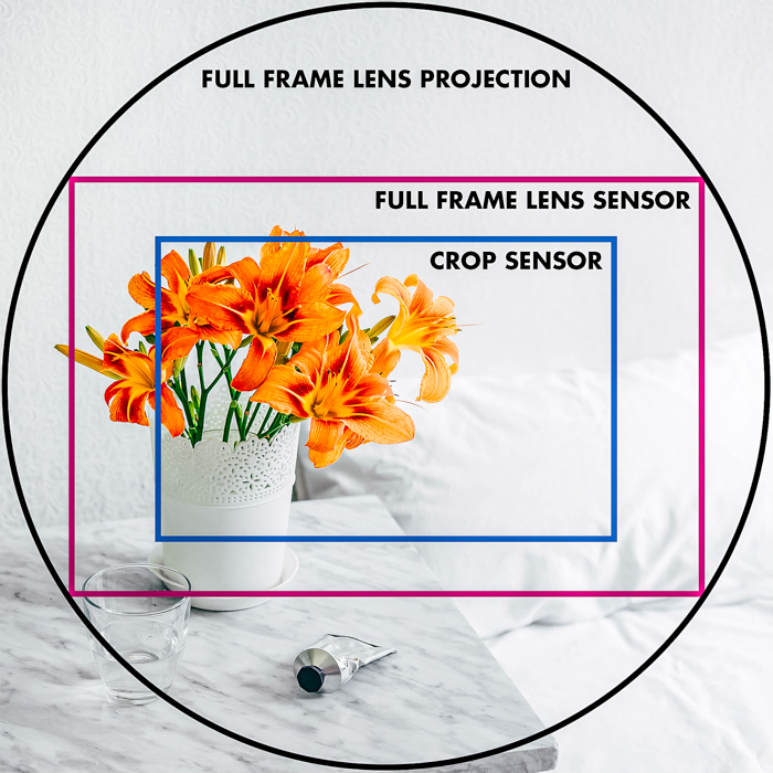 Camera terms graphic showing difference in crop sizes APS-C and full-frame sensors