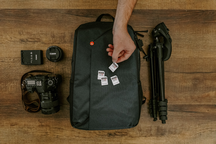 Camera accessories of SD cards a camera bag and tripod
