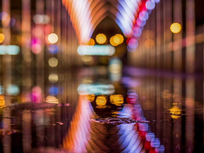 street scene with reflections and bokeh