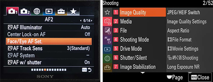 Compare menu A7RIII with Alpha 1