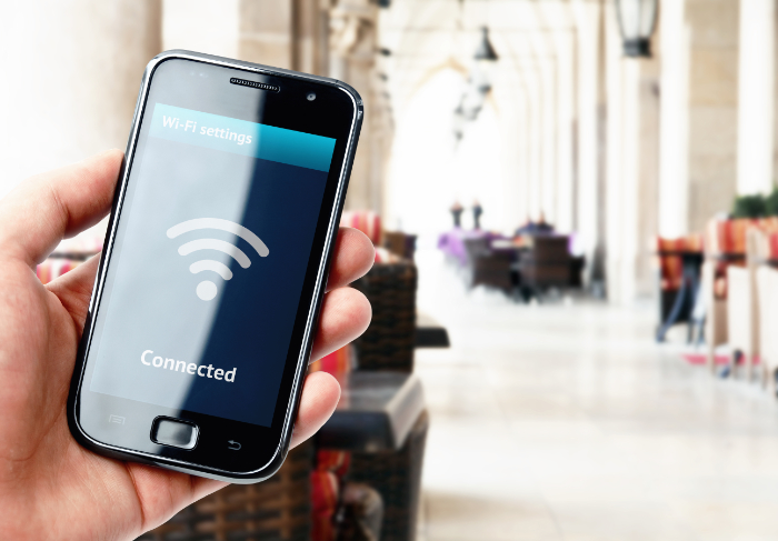 Mobile phone connected to wifi in a public place