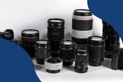 Photographic equipment lens and cameras isolated on white background