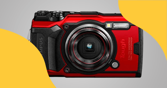 Olympus Tough TG-6 Red Product Image on jazzy background as our best rugged camera