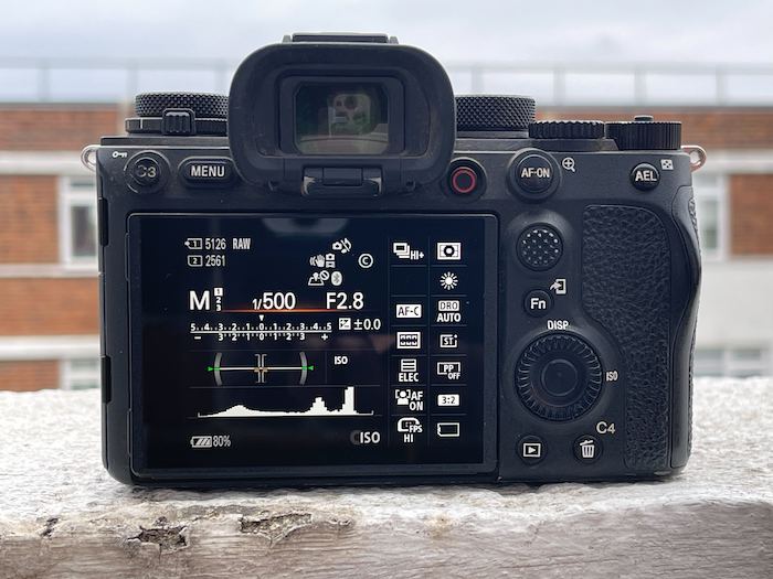 The back of a Sony a1 with a camera histogram at the bottom