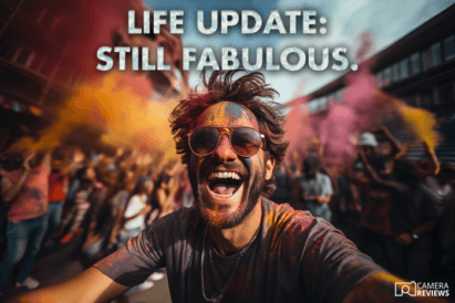photography caption for Instagram overlayed on a photo of a man posing at a festival