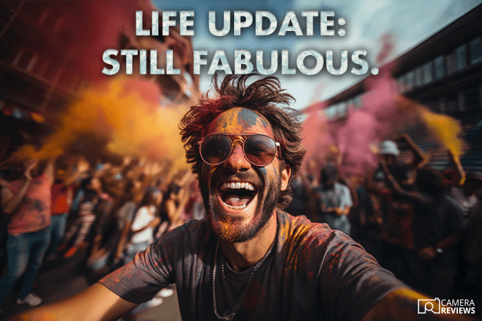 photography caption for Instagram overlayed on a photo of a man posing at a festival