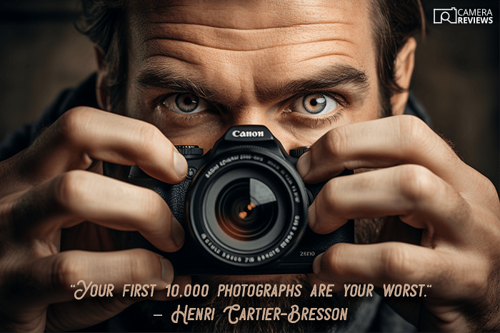 Photography quote overlayed on a photo of a person holding a camera