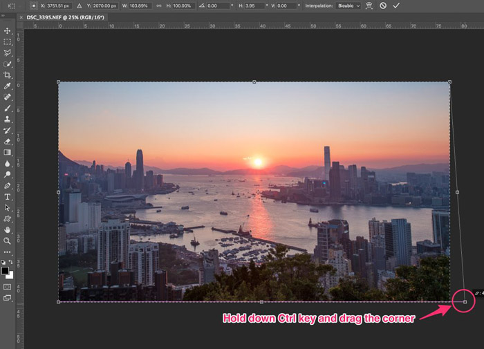 A screenshot of choosing the Transform tool for correcting perspective in Photoshop